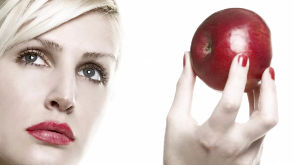 apple, hand, red, glossy, white background, close-up