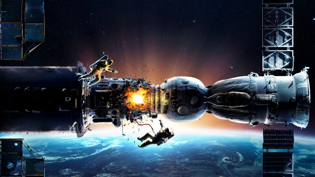 astronauts spacewalk explosion spacecraft debris Earth