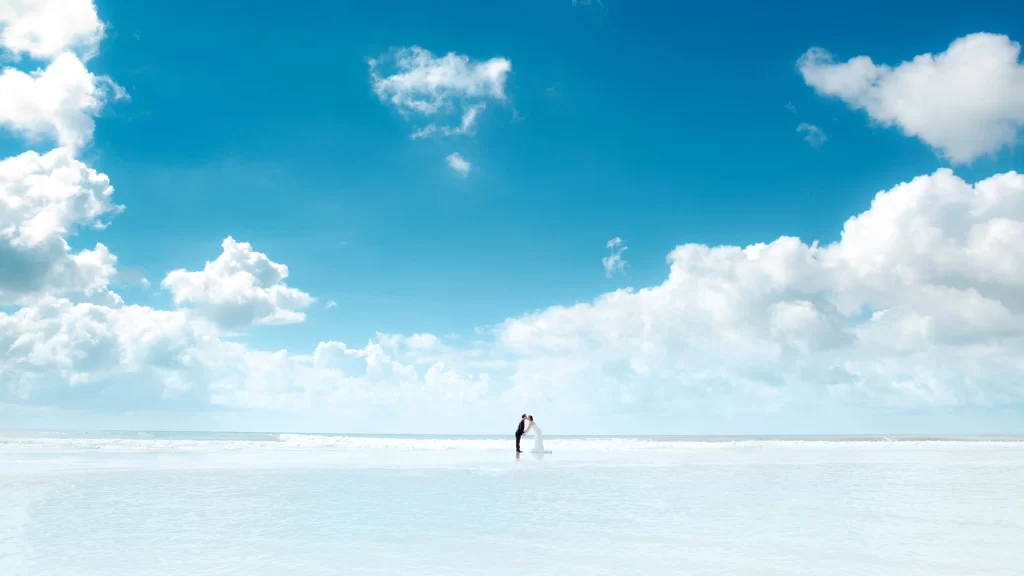 beach, couple, sky, clouds, ocean, serene