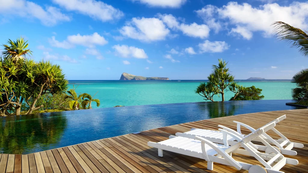 beach, ocean, lounge chairs, tropical, sky, clouds
