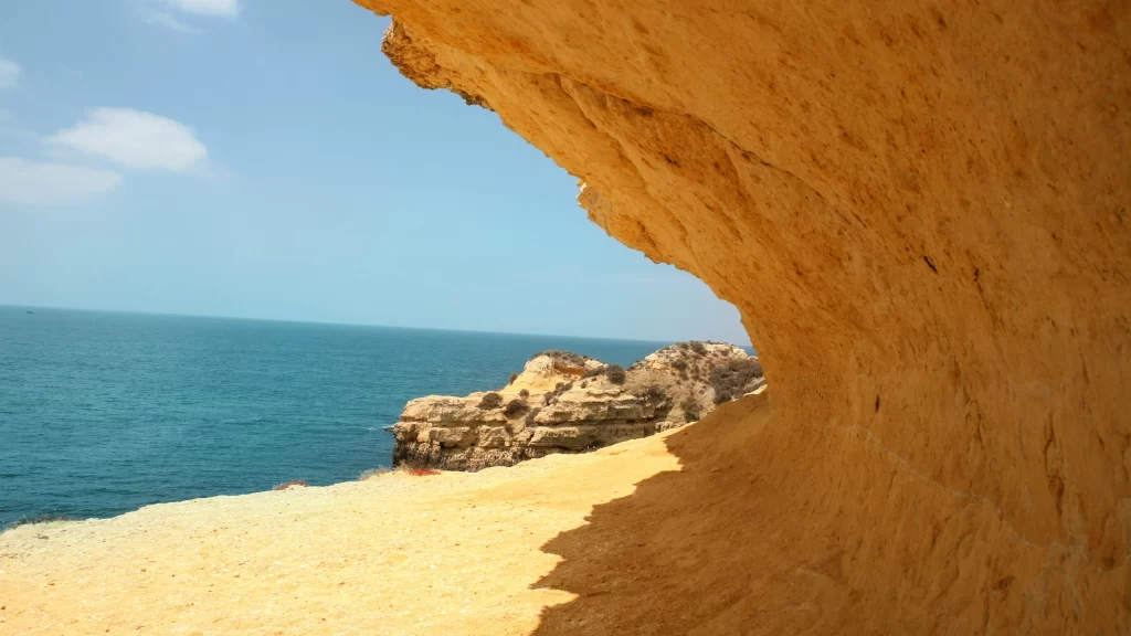 beach, ocean, rock, cliff, blue sky, clouds