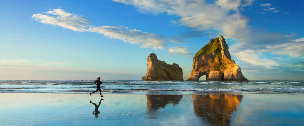beach, ocean, rock formations, sky, clouds, reflection