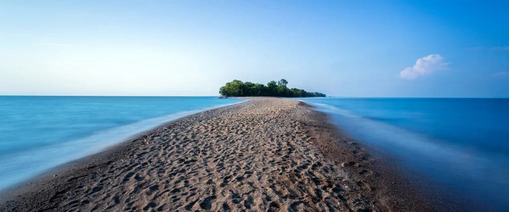 beach, sand, water, island, trees, sky