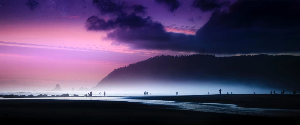 beach, sunset, clouds, silhouettes, tranquil, nature
