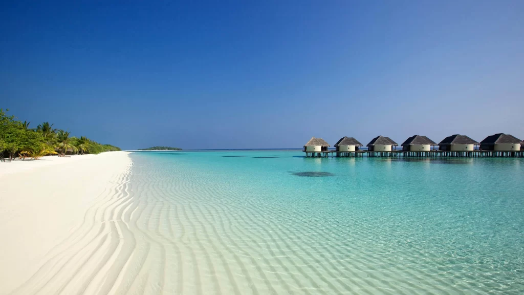 beach, water, bungalows, clear sky, tropical, serene