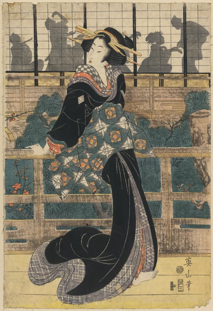 Black Kimono Floral Patterns Historical Scene Ukiyo-e Art