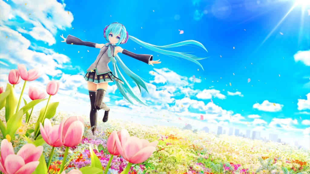 blue sky flowers girl anime joy nature