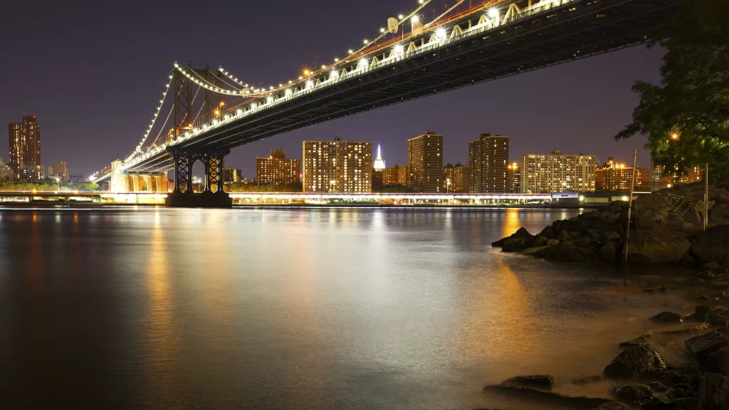bridge cityscape night lights reflection water