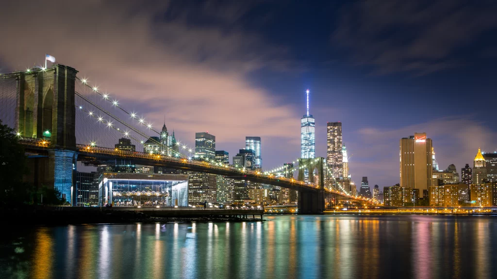 bridge cityscape skyline lights reflection night