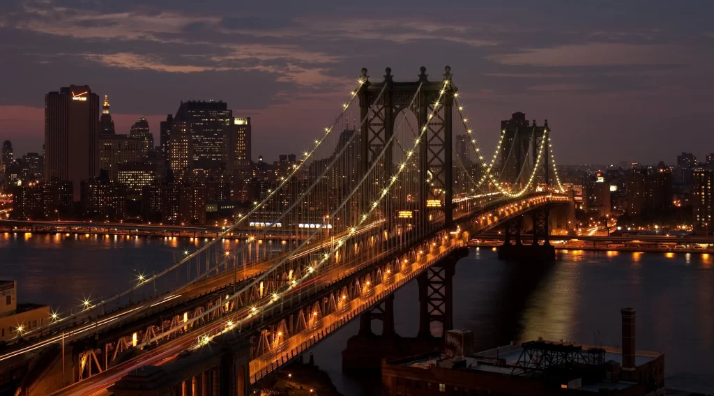 bridge cityscape twilight lights skyline water