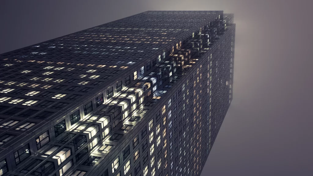 building skyscraper windows lights night city