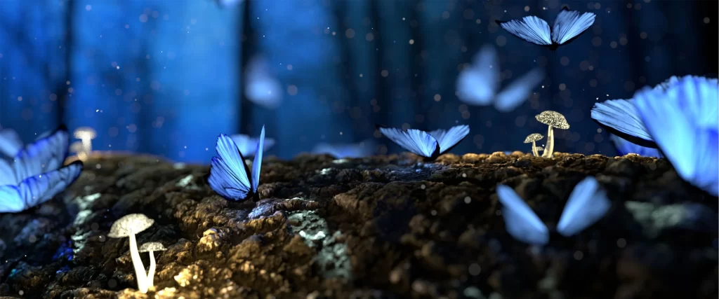 butterflies, mushrooms, forest, blue, fantasy, magical