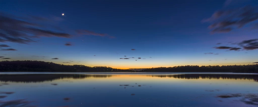 calm lake, twilight sky, crescent moon, reflection, serene, natural