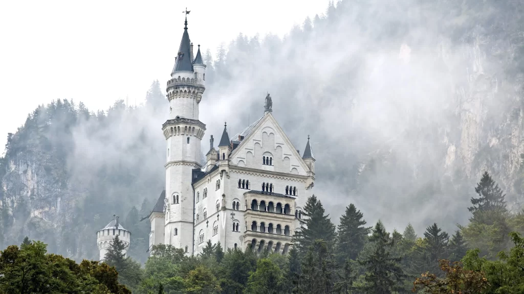 castle fog trees mountains architecture clouds