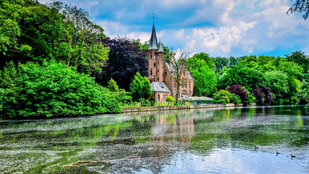 castle, lake, trees, reflection, clouds, sky