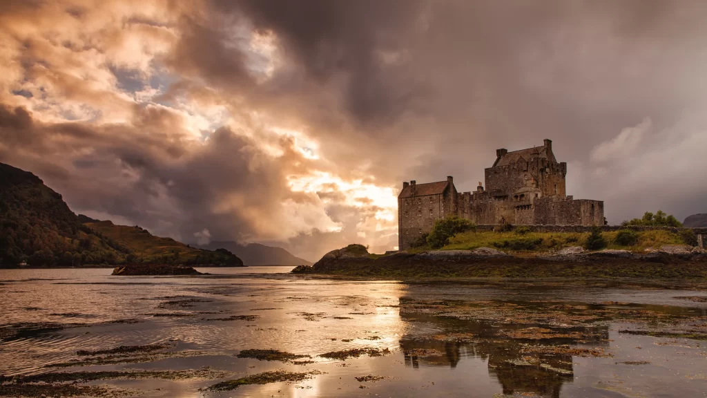 castle sunset clouds reflection water landscape