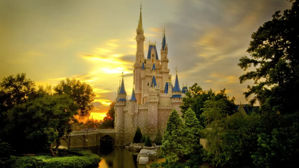 castle sunset trees water sky