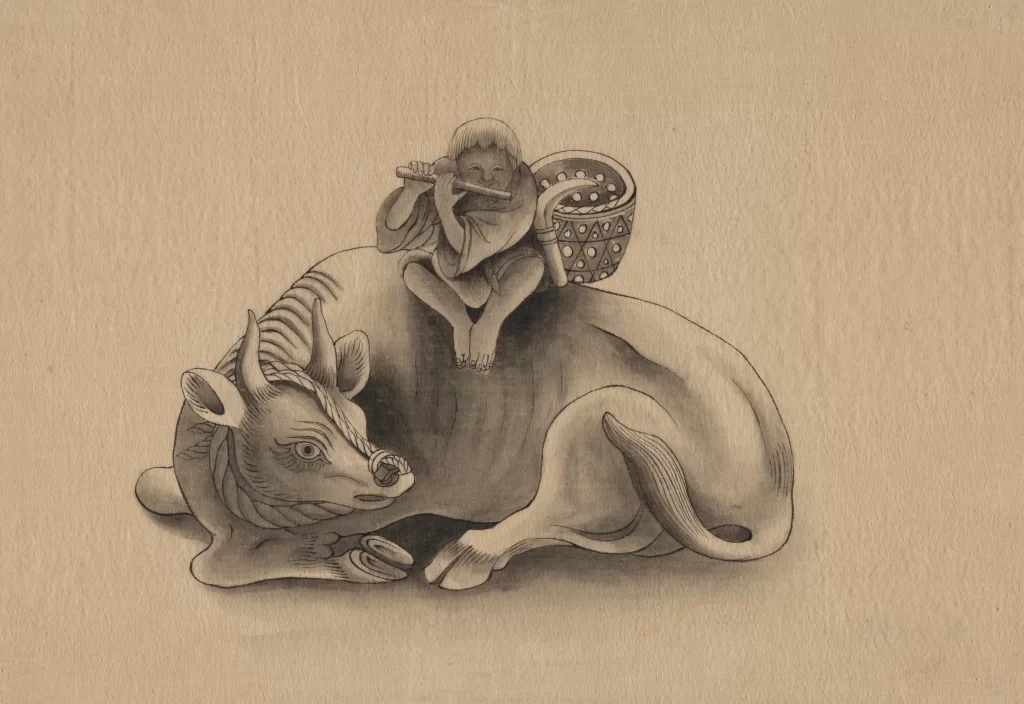 Child Cow Flute Basket Traditional Monochrome