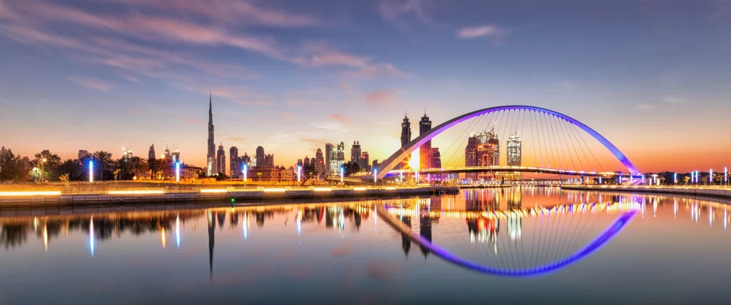 cityscape bridge skyline sunset reflection lights