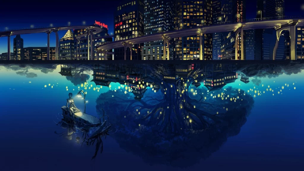 cityscape night fantasy reflection surreal