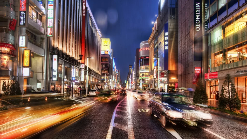 cityscape, night, lights, buildings, vehicles, motion blur