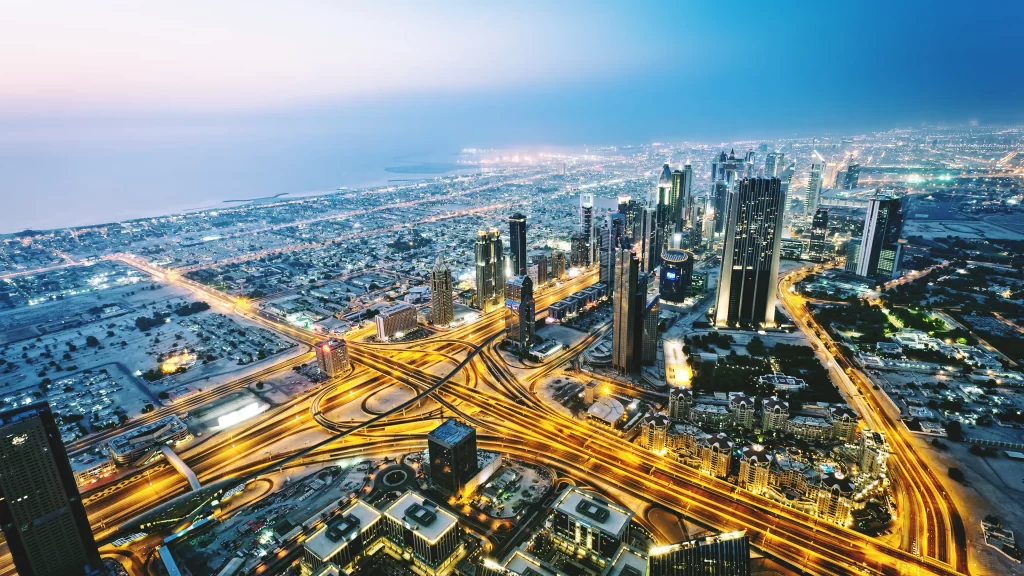 cityscape skyscrapers highways lights urban