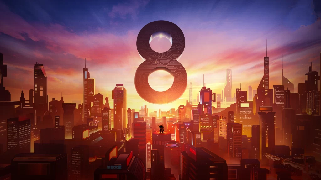 cityscape sunset skyscrapers futuristic number silhouette clouds atmosphere