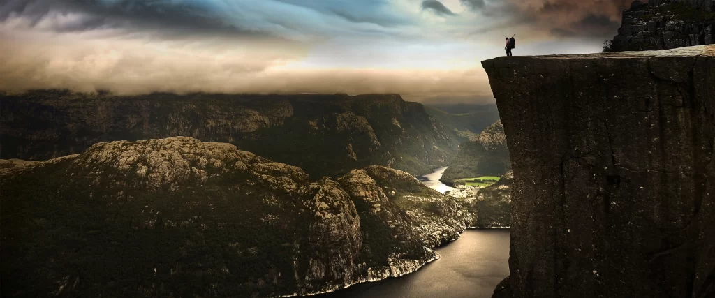 cliff, person, landscape, clouds, river, nature