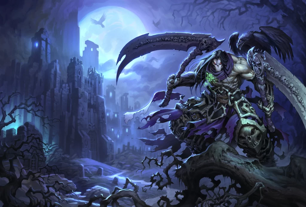 dark fantasy warrior moonlight castle twisted trees mystical battle armor