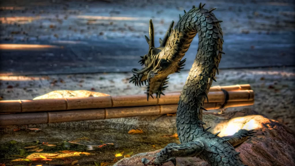 dragon bamboo stone sunlight garden statue
