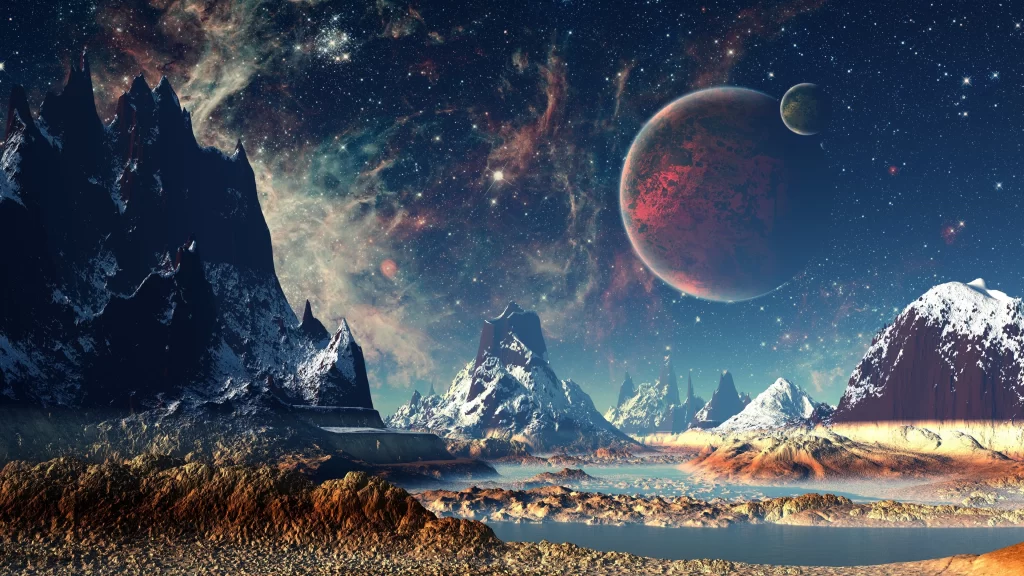 extraterrestrial landscape celestial bodies cosmic scenery mountainous terrain s
