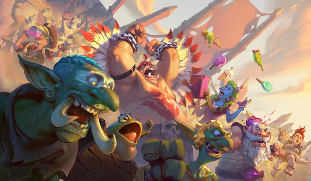 fantasy creatures warriors battle colorful dynamic action adventure excitement