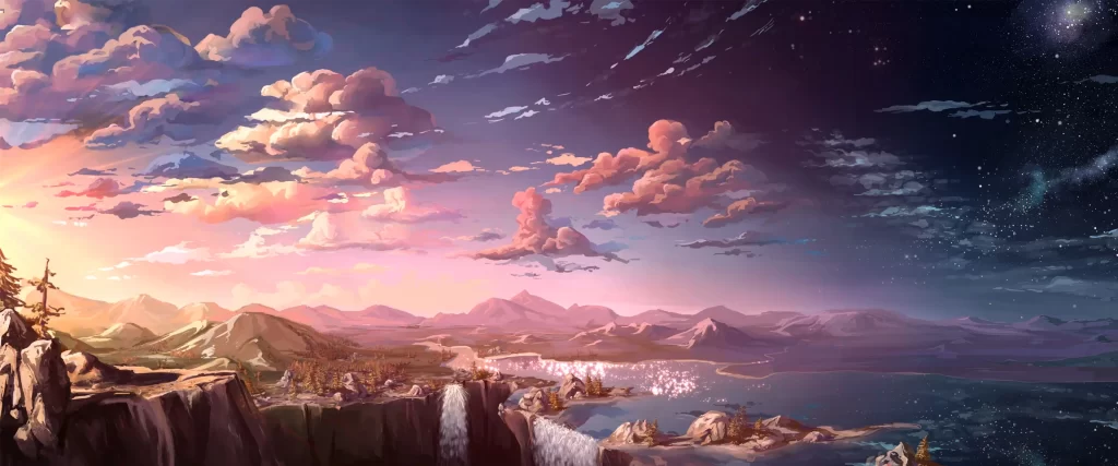 fantasy landscape, sunset, clouds, mountains, water, stars