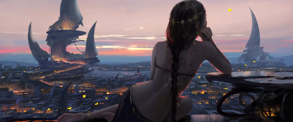 fantasy woman sunset cityscape futuristic architecture
