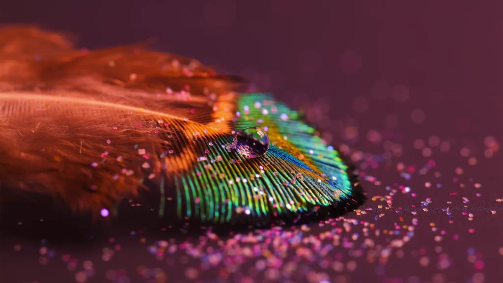 feather water droplet glitter iridescent vibrant texture