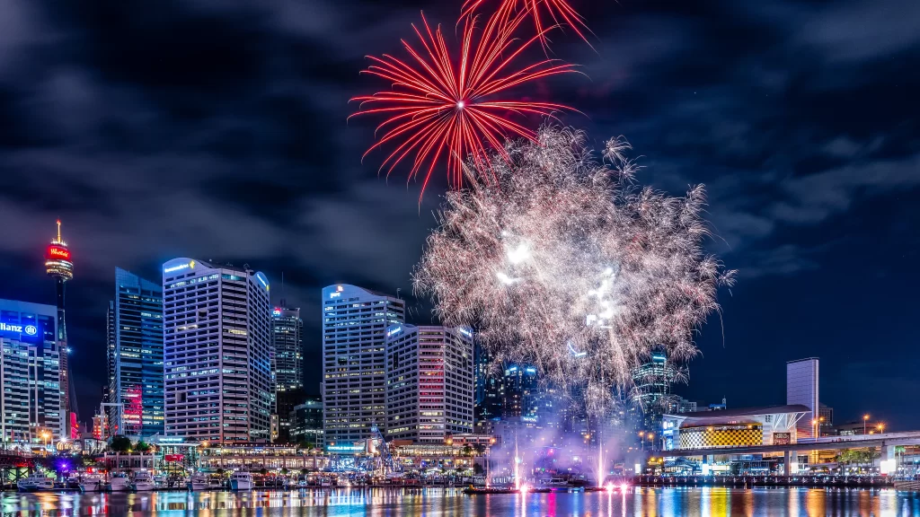 fireworks cityscape night lights reflection celebration