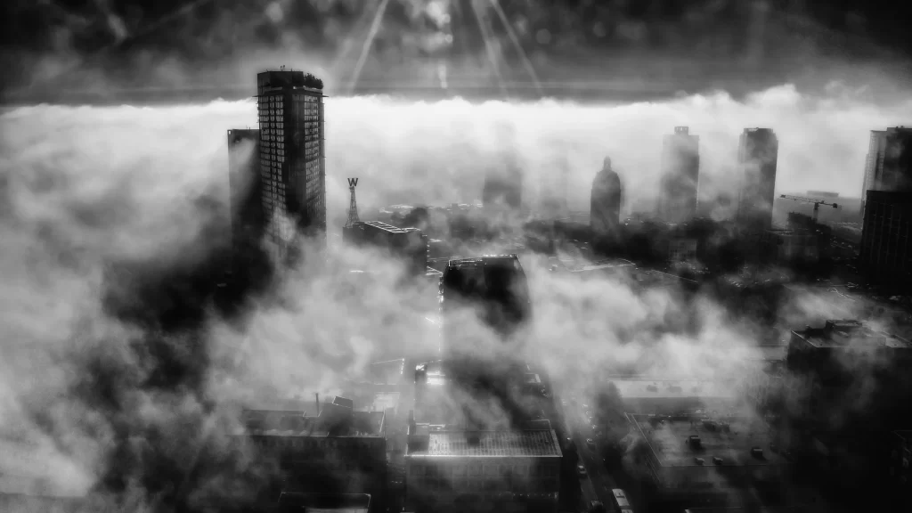 fog cityscape skyscrapers clouds buildings
