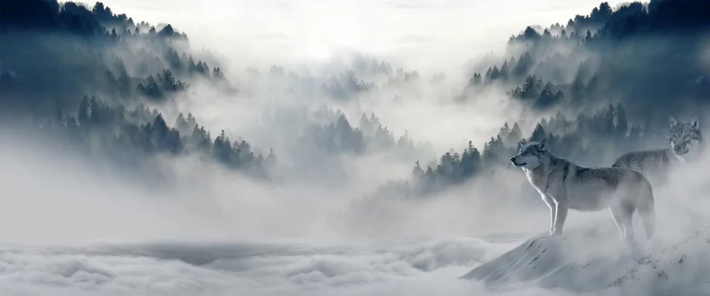 foggy forest wolves misty landscape serene