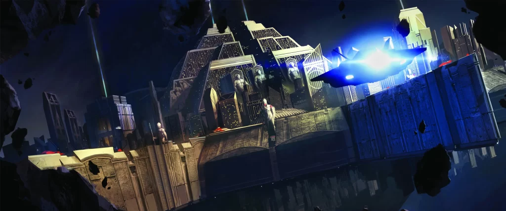 futuristic cityscape, flying vehicle, towering structures, blue glow, night sky, reflective water