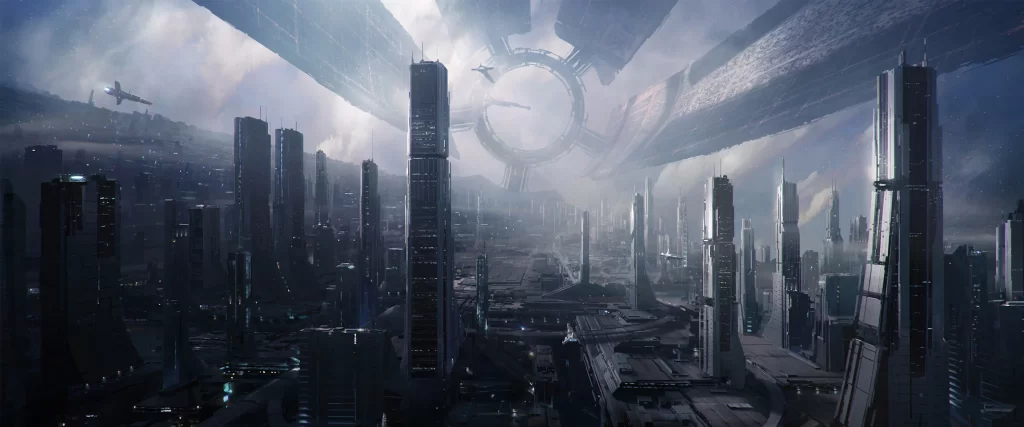 futuristic cityscape, towering skyscrapers, advanced technology, spaceport, cosmic backdrop, urban sprawl