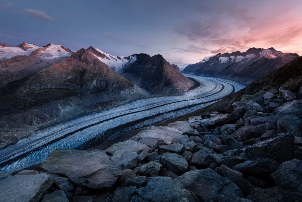 glacier mountain snow sunset landscape