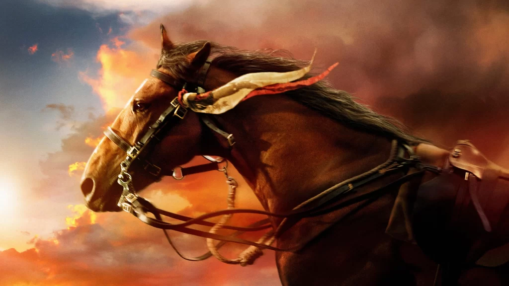 horse sunset clouds reins saddle fiery dramatic