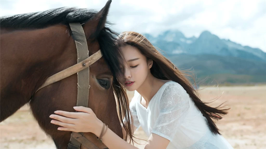 horse, woman, mountains, white dress, nature, peaceful