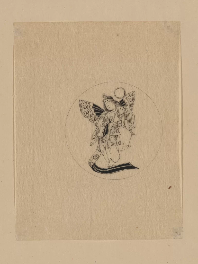 Ink Drawing Circular Frame Traditional Attire Ornate Patterns Monochrome Ethereal Figure