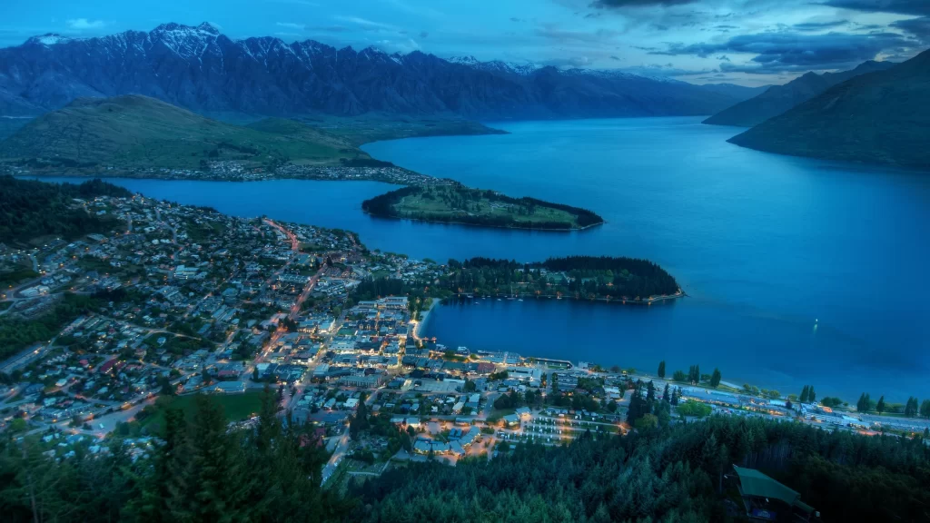 lake city mountains twilight lights landscape