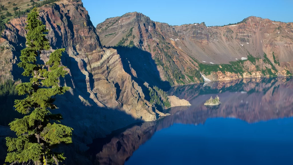 lake mountain reflection tree cliff