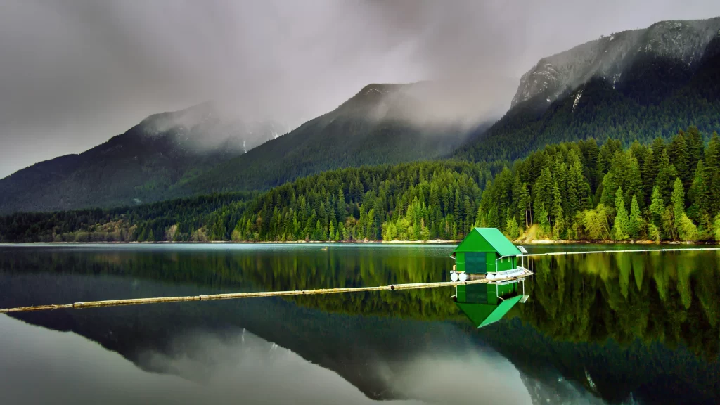 lake mountains forest clouds reflection cabin