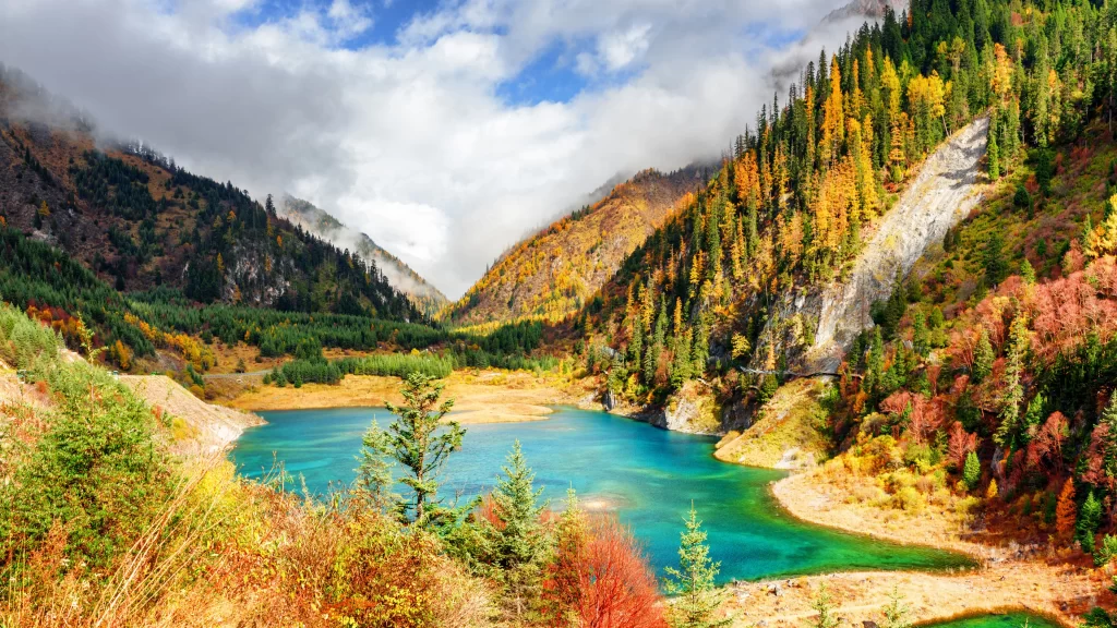 lake mountains trees autumn sky clouds