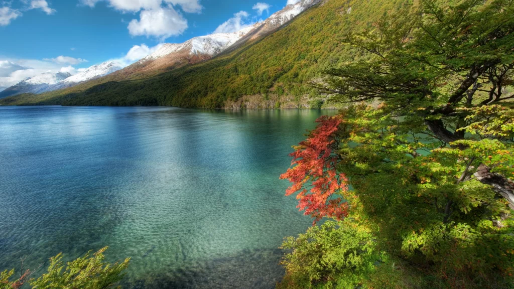 lake mountains trees autumn water sky