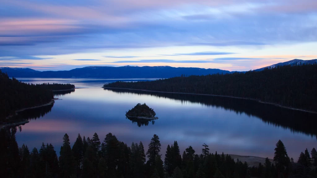 lake sunset mountains trees reflection sky